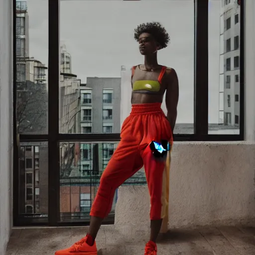 Prompt: realistic! photoshoot for a new nike lookbook, color film photography, portrait of a beautiful woman, location in a apartment, highly detailed, 8K, in style of tyler mitchell, 35mm