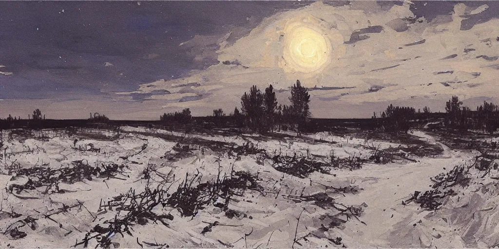 Prompt: a calm WW2 battlefield at night, Eastern Front, stars, wintertime, trenches, a single lone wrecked tank, painting by Isaac Levitan
