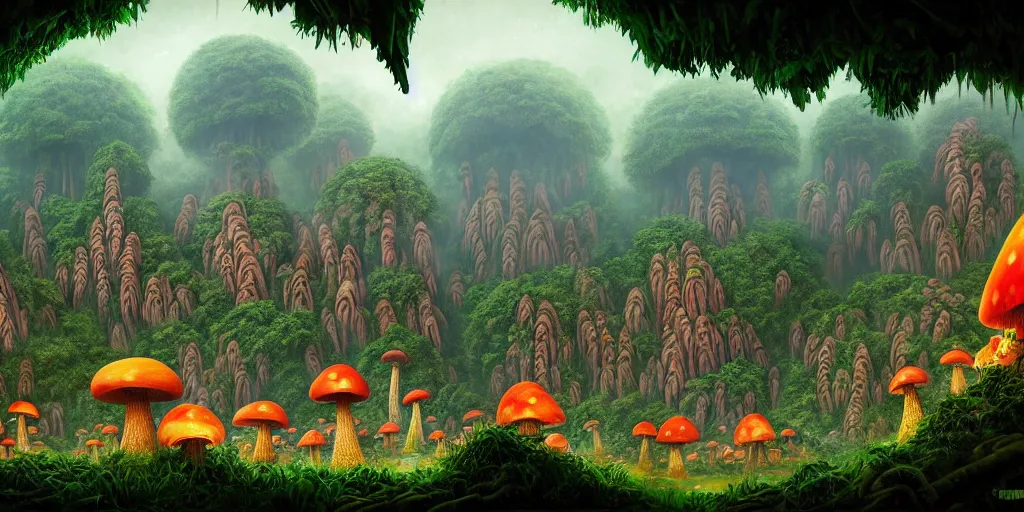 Image similar to a jungle village of ape - god worshippers and their giant mushroom dwellings, matte oil painting, retrofuturistic, science fantasy, salt, rust, polyps, mutant, lgbt, queer, rpg, epic, dungeons & dragons, sacred, sharp focus, award - winning, extremely detailed, 4 k, 8 k