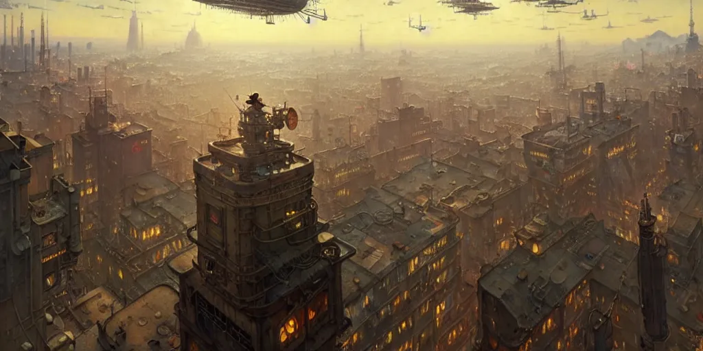 Image similar to steampunk airship above a busy city, exquisite details, denoised, mid view, by norman rockwell, karl kopinski, artsation, greg rutkowski, makoto shinkai, takashi takeuchi, studio ghibli