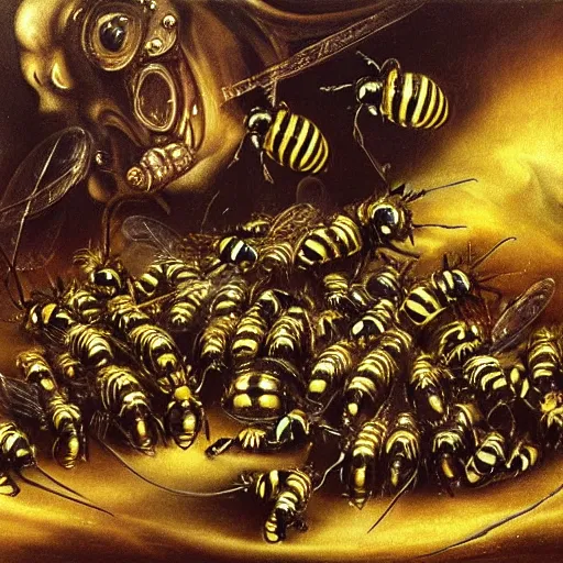 Image similar to bumblebees attacking sleeping people in hell, art by bosch, dali, giger, highly detailed, masterpiece