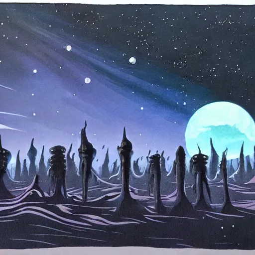 Prompt: dark epic spiritual kingdom of the cosmos, retro dark vintage sci-fi, 2D matte dark gouache illustration,