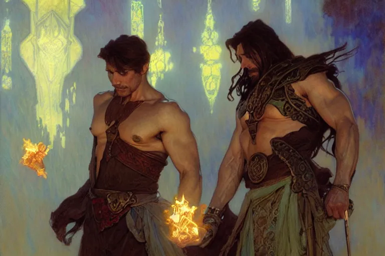 Prompt: 2 muscular attractive wizards playing magic, painting by gaston bussiere, craig mullins, greg rutkowski, alphonse mucha