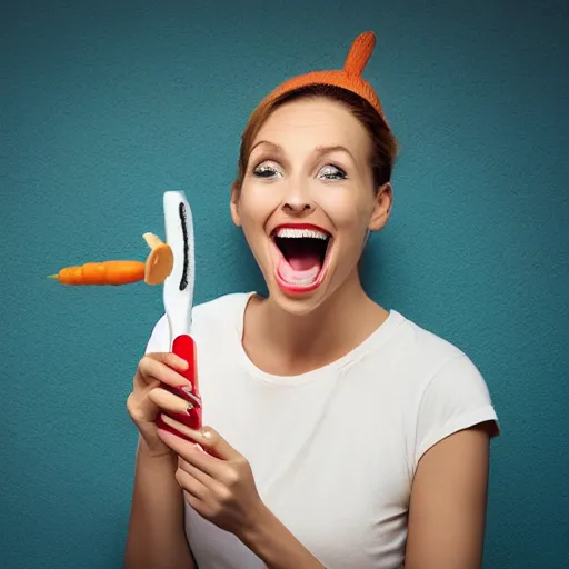 Image similar to woman with carrots instead of teeth, toothbrush advertisement