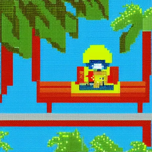 Image similar to an astronaut lounging in a tropical resort in space, pixel art