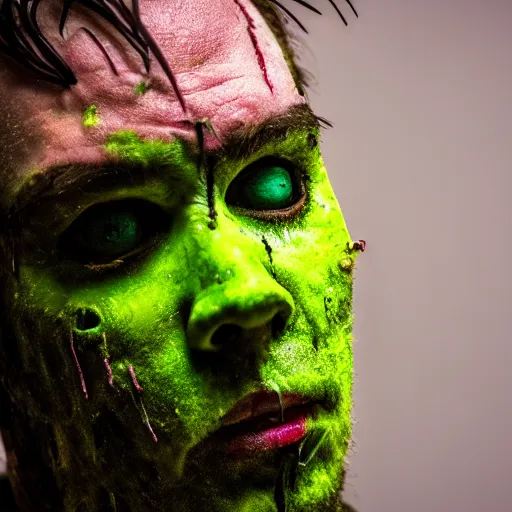 Prompt: a film still from a horror movie featuring a lime monster, scars on his face, photography, 8 k