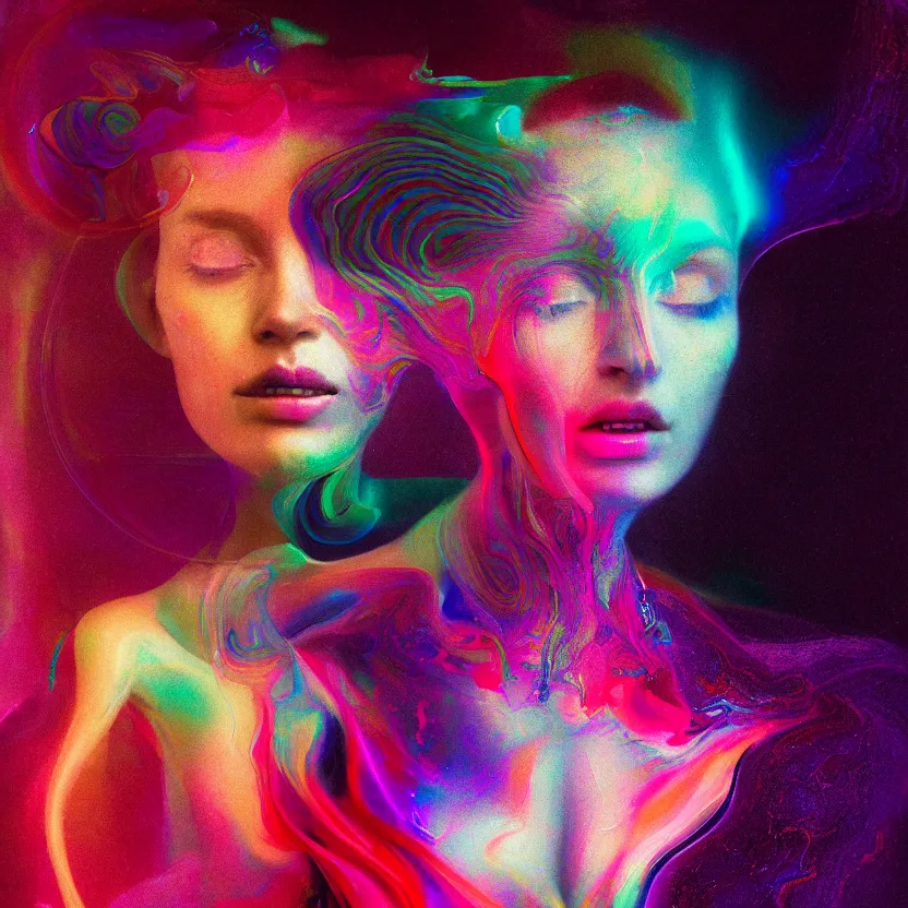 Image similar to a digital portrait painting of a woman, surrounded by synthesized ai djinn hologram, an ultrafine detailed painting by alberto seveso, a silk screen by julian schnabel, featured on deviantart, modern european ink painting, photoillustration, impressionism, biomorphic, behance hd, lovecraftian