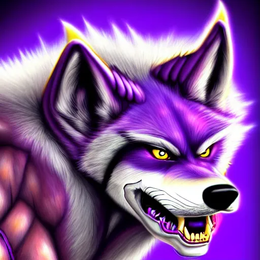 Image similar to digital painting of an anthropomorphic muscular purple wolf, furry style, wearing jeans, deviant art, fursona, professional furry drawing, insanely detailed, hyper detailed wolf - like face, doing a pose from jojo's bizarre adventure, detailed veiny muscles, exaggerated features, beautiful shading, huge spikey teeth, grinning, colorful background