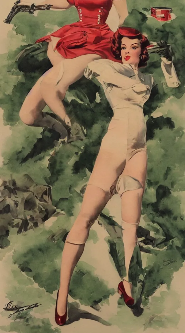 Image similar to full body pin up post war dressing a military unioform,with a park in the back ground, water color, Gil Elvgren style