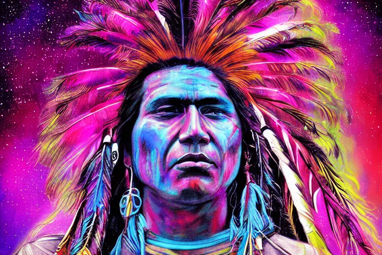 Image similar to digital art of a spiritual native american man looking up at the stars, acrylic art, universe, painting, pastel colors, synthwave, retro, cyberpunk,