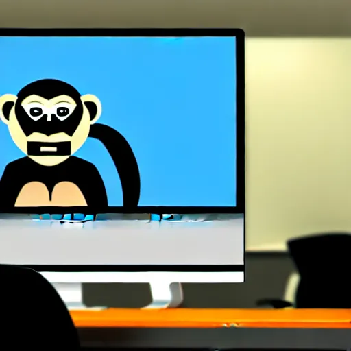 Image similar to a large number of monkeys are sitting in cheap office chairs staring at computer screens in a crowded office with cubicles, the computer screens have bitcoin logos, hyperrealism, unreal engine 5, 4 k, harsh contrast lighting