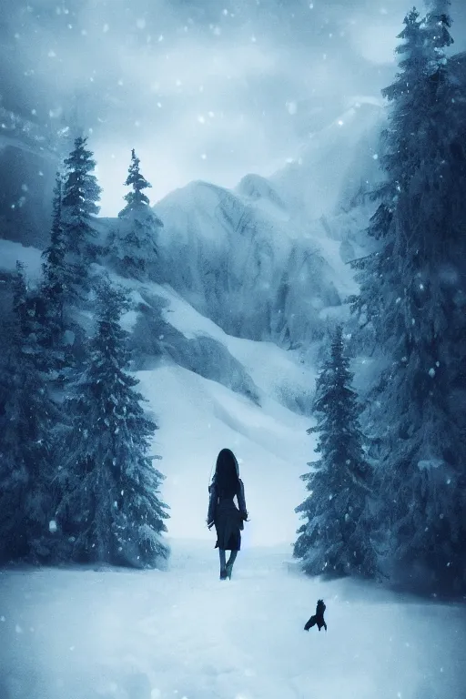 Prompt: digital matte fantasy dreamy mountain scape dark tones snow, long - haired blonde cyber girl walking alone with a wolf, behance