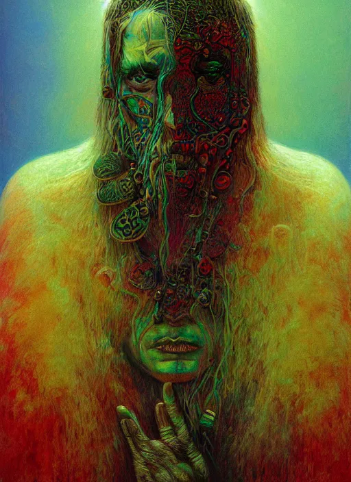 Image similar to psychedelic shaman, portrait, digital painting, highly detailed, intricate, trending on artstation, by zdzisław beksiński