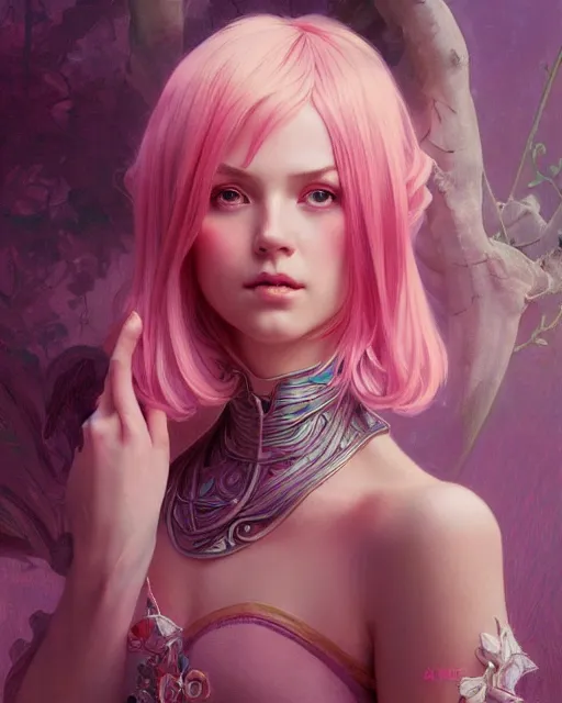 Image similar to portrait of pink layered bob half elf, intricate, elegant, highly detailed, digital painting, artstation, concept art, smooth, sharp focus, illustration, art by artgerm and greg rutkowski and alphonse mucha and uang guangjian and gil elvgren and sachin teng and wlop, symmetry