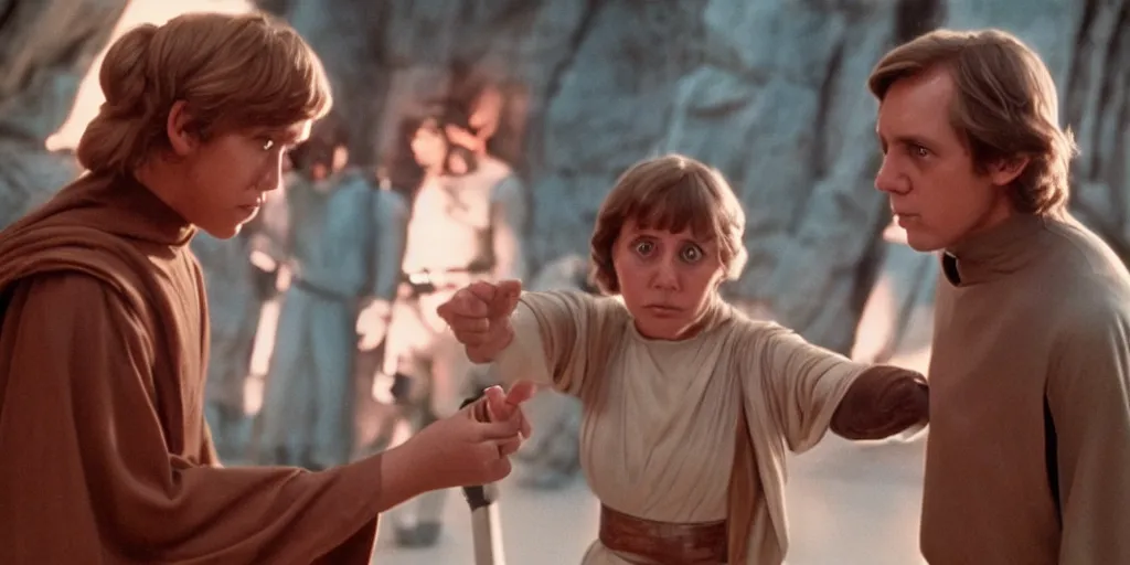 Image similar to screenshot of Luke Skywalker teaching Princess Leia the force, the two people are in a lost jedi Temple, 1970s sci fi film by Stanely Kubrick film, color kodak, Ektachrome, anamorphic lenses, detailed faces, hyper-realistic, photoreal, detailed portrait, moody cinematography, strange lighting