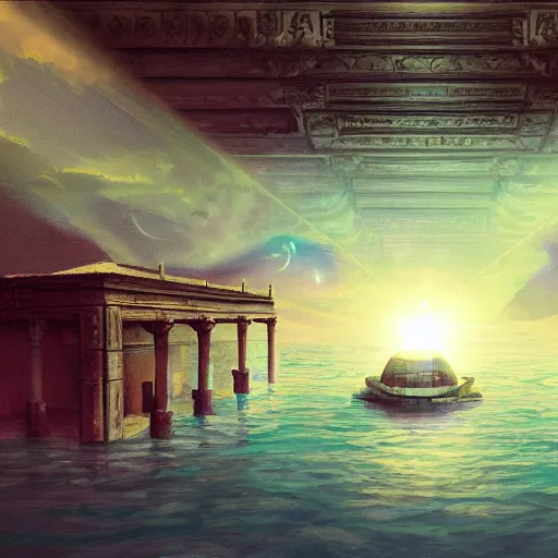 Image similar to ancient palace floating in the space, retrowave epic art, trending on art station