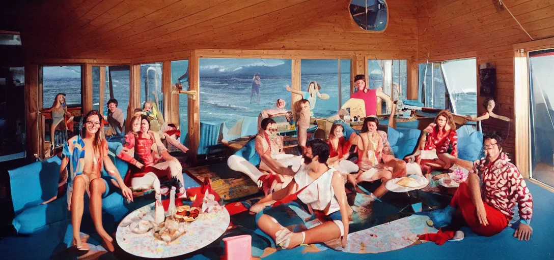 Image similar to first-person perspective view of happy people wearing discowear having a party inside of a 1970s luxury a-frame cabin with a soviet computer console on the wall, large windows, an exterior of a sunlit ocean beach, ektachrome photograph, f8 aperture