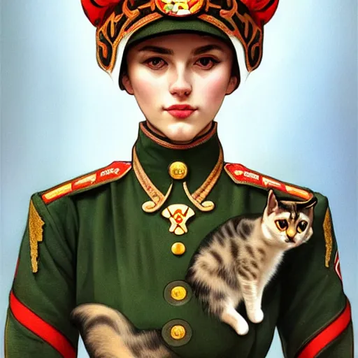 Image similar to a portrait of a female cat soviet officer, upper half portrait, decorated with soviet motifs, intricate, elegant, highly detailed, symmetry, headpiece, digital painting, artstation concept art smooth sharp focus, illustration, art by artgerm and greg rutkowski alphonse mucha 8 k