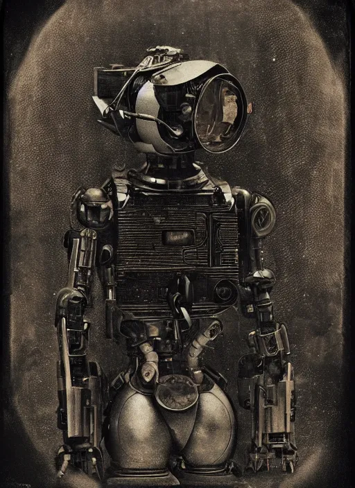 Prompt: old wetplate daguerreotype portrait of futuristic robot, dubbel negative exposure, explosion of data fragments, fractal, intricate, elegant, highly detailed, parallax, leica, medium format, subsurface scattering, by jheronimus bosch and greg rutkowski and louis jacques mande daguerre