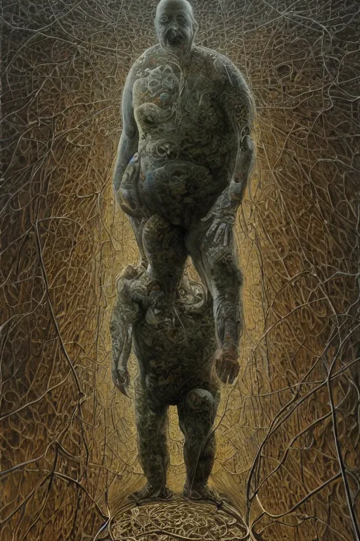 Image similar to paul blart full body portrait, highly detailed, body horror, biopunk, creative design, oil on canvas, by zdzisław beksinski, marco mazzoni, peter gric