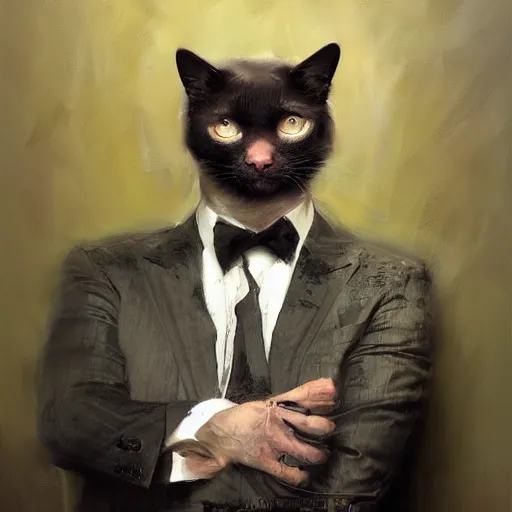 Image similar to A realistic hyperdetailed multi-colored digital oil full body portrait painting of a cat in a suit in the style of Guy Denning, Ruan Jia, and Craig Mullins. Trending on ArtStation and DeviantArt. CGSociety Digital art.