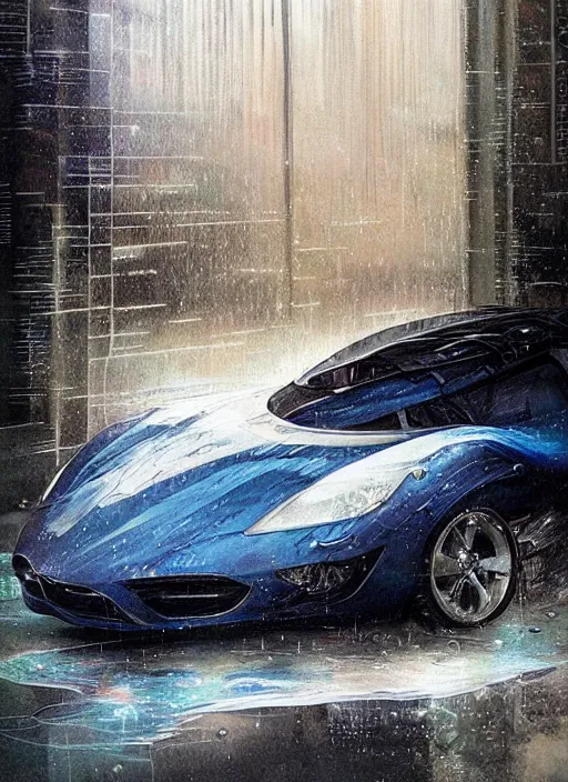 Prompt: raindrops rolling down the windows morphing from raindrops into into cars made out of water painting by artgerm and greg rutkowski and magali villanueve.