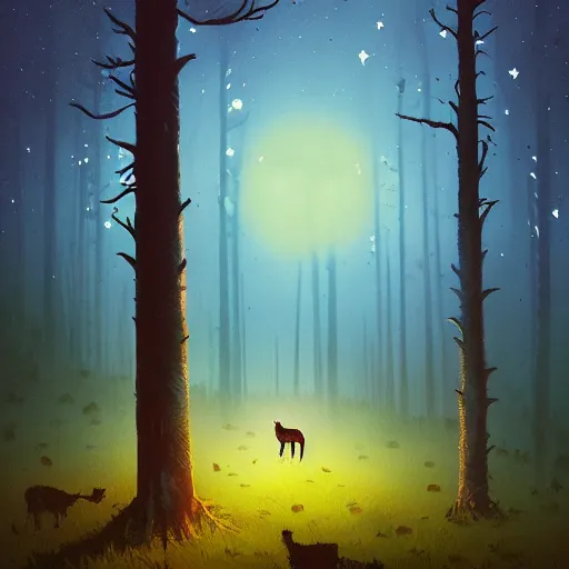 Prompt: wolf in the forest surreal photography, dark night, stars, moon light, impressionist painting, clouds, digital painting, artstation, simon stalenhag