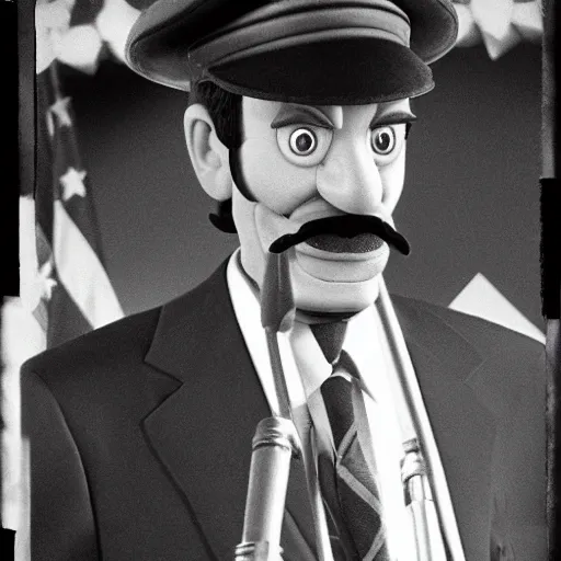 Image similar to president waluigi, 1 9 8 2, photograph, photo, speech, color