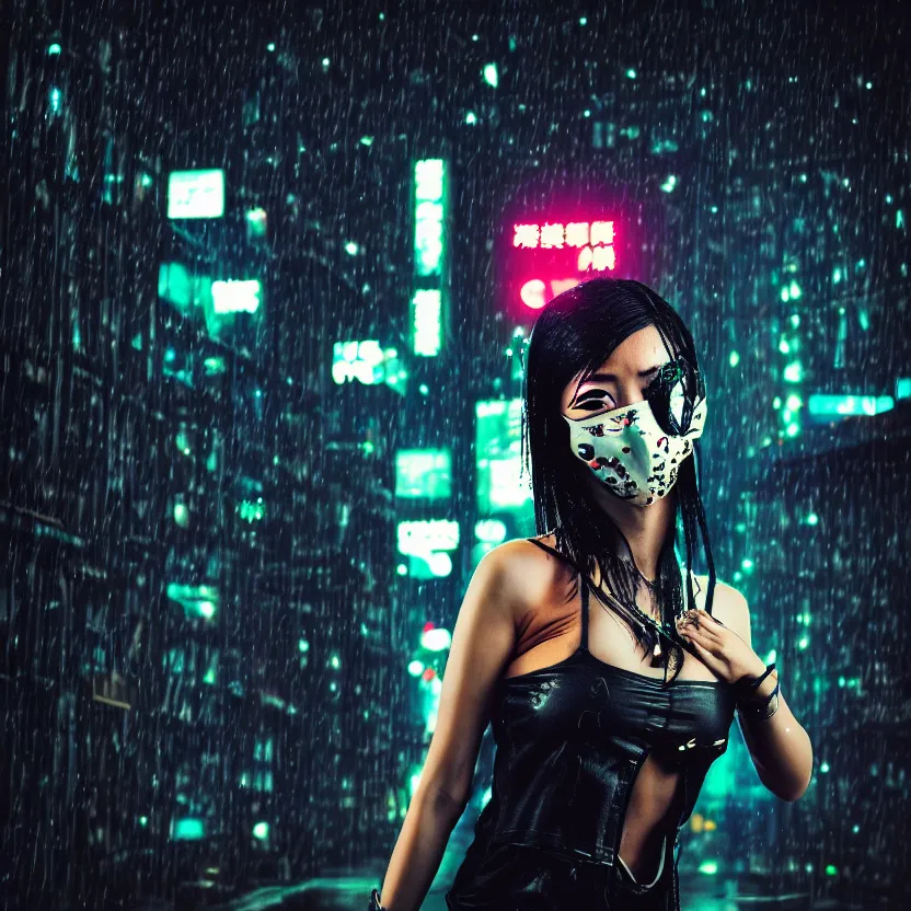 Image similar to a photo close up cyberpunk kubuki masked woman dancing in the rain, cyberpunk hiroshima, prefecture streets, midnight, photorealistic, cinematic lighting, highly detailed, bokeh, style by tomino - sama