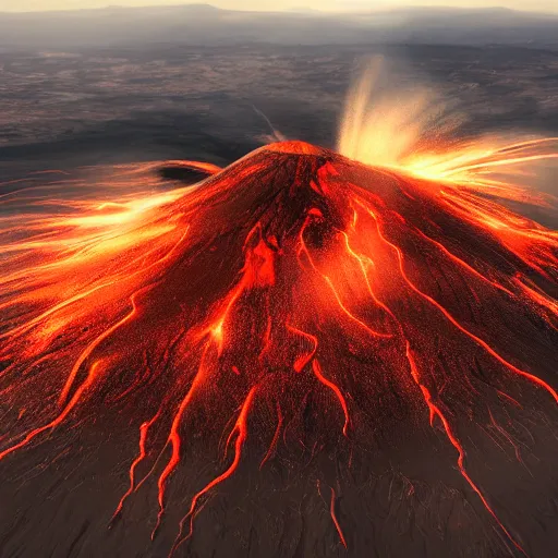 Prompt: A photorealistic aerial view of an active volcano, with lava flowing down its sides and billowing clouds of smoke and ash rising into the sky, rendered in unreal engine, trending on artstation, 8k resolution, 4k video, shot on a drone, drone footage, heavily detailed, bloom effect, rendered in octane, professional grade, professional photo.