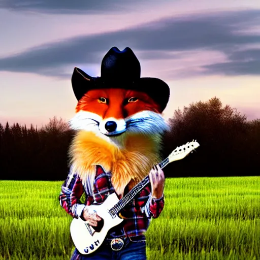 Image similar to a female fluffy anthropomorphic fox animal, head of fox, wearing cowboy hat, wearing plaid shirt, playing guitar, in a field, barn in background, album cover style