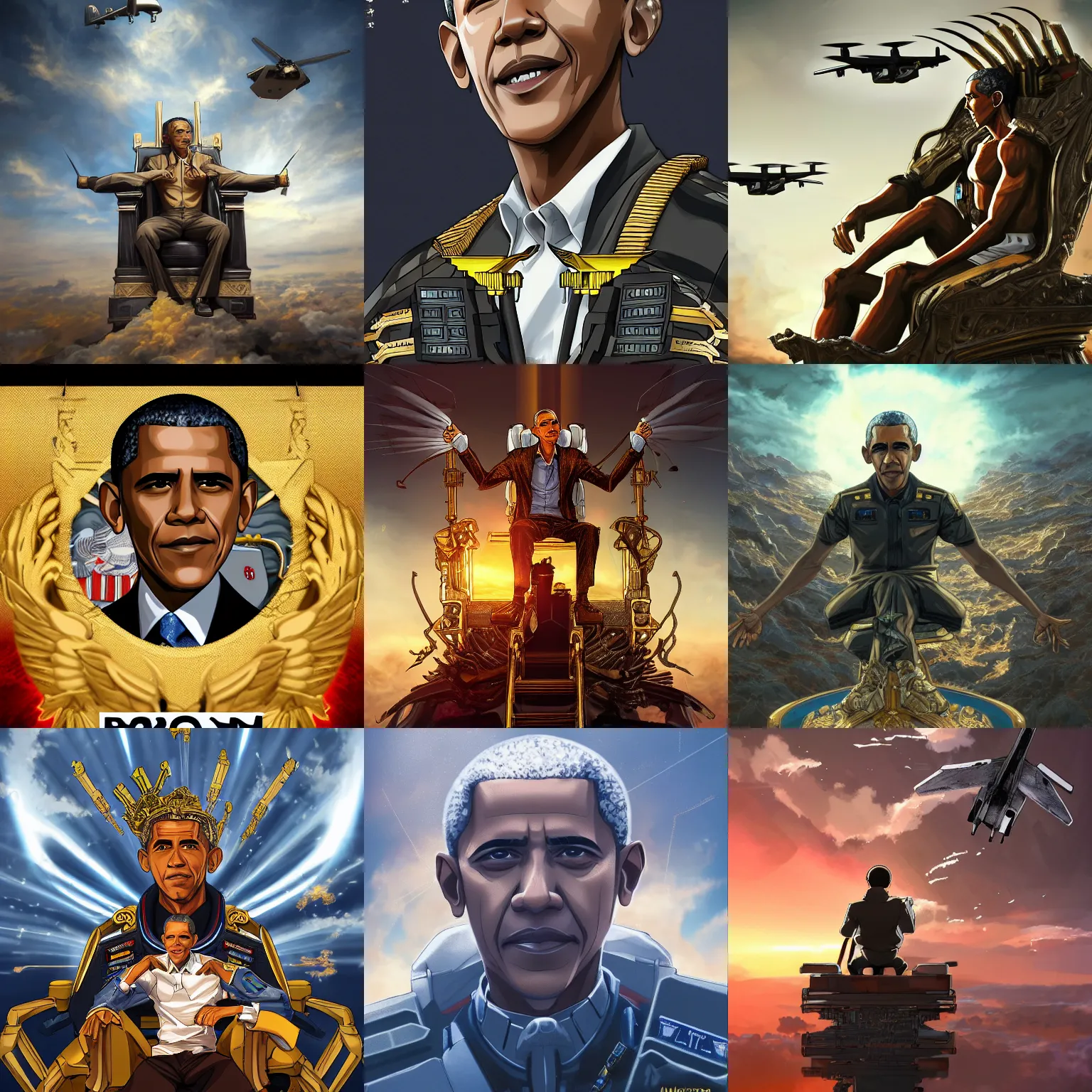 Prompt: anime of Barack Obama (played by Barack Obama) sitting in the sky on a golden throne, MQ-1 Predator Drones (military) flying, intricate details, Key Art, award winning, Artstation, sharp, Hyperdetailed, 8k resolution.