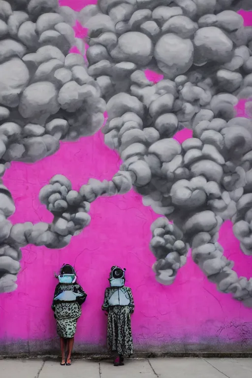 Prompt: a surreal portrait of two women wearing gas masks camouflaged into a wall of pink graffiti in the style of brooke didonato, editorial fashion photography from vogue magazine, full shot, nikon d 8 1 0, ƒ / 2. 5, focal length : 8 5. 0 mm, exposure time : 1 / 8 0 0, iso : 2 0 0