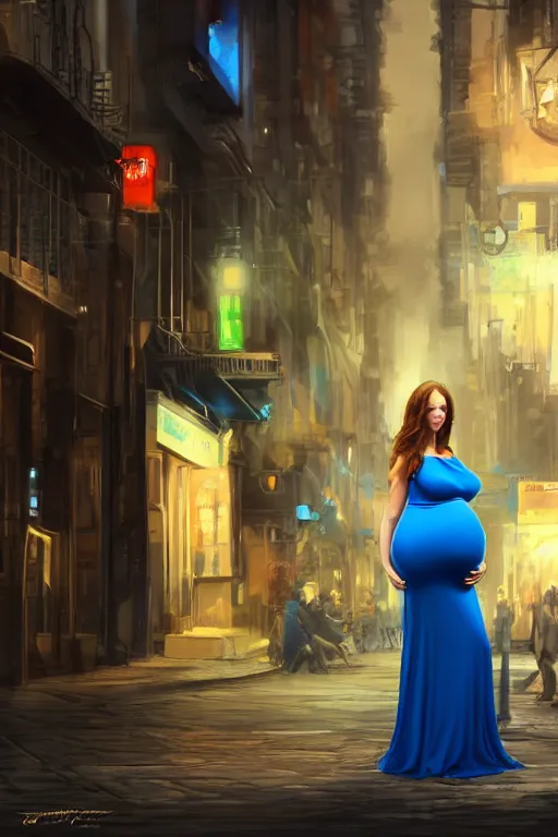Prompt: pregnant woman in a small blue dress on night street, highly detailed, sharp focused, ultra realistic digital concept art