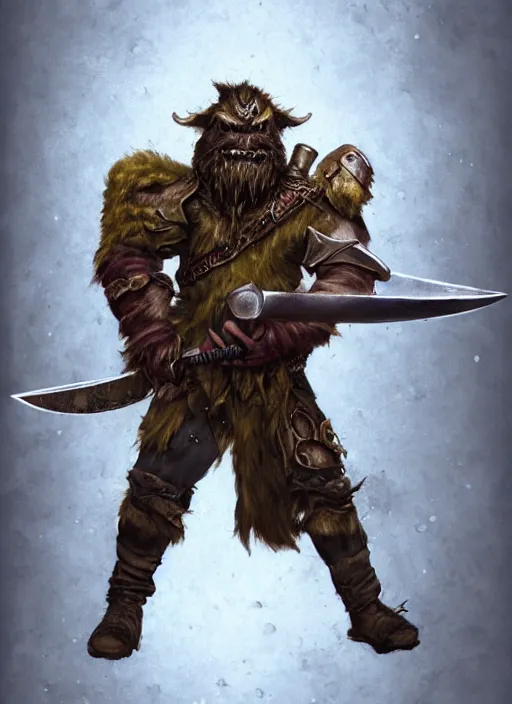 Prompt: photorealistic bugbear ranger holding sword on fire, magic, black beard, dungeons and dragons, pathfinder, roleplaying game art, hunters gear, jeweled ornate leather and steel armour, concept art, character design on white background, by sargent, norman rockwell, makoto shinkai, kim jung giu, artstation trending, poster art, colours red