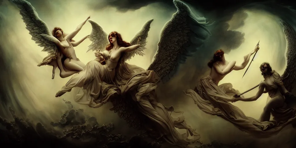 Image similar to Angels and demons, by Rolf Armstrong and Evelyn De Morgan and Bastien Lecouffe-Deharme, dramatic lighting, high contrast colors, baroque, empyrean, panoramic view, as trending on Artstation, highly detailed, doom engine,