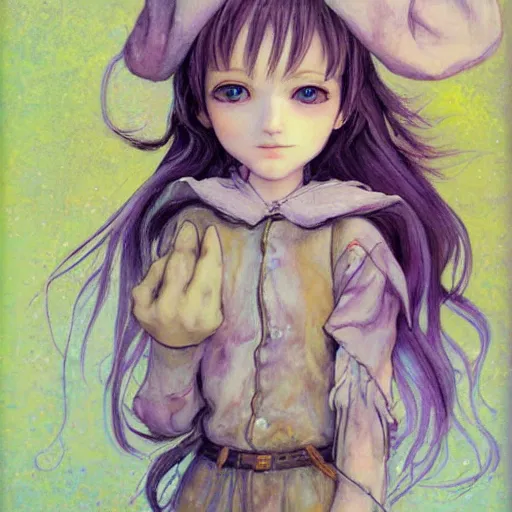 Prompt: little elf girl, grunge outfit, soft hair. light color palate, purple, yellow and white. detailed soft painting, ayami kojima, made in abyss, anatomically correct, inspired in balthus, high detailed face anime, vogue magazine, glorious composition