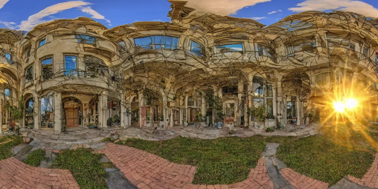 Prompt: equirectangular photograph, building, vine, courtyard, golden hour, beautiful!!!!!!!