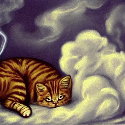 Prompt: garfield the cat vaping fat clouds, painting by el greco