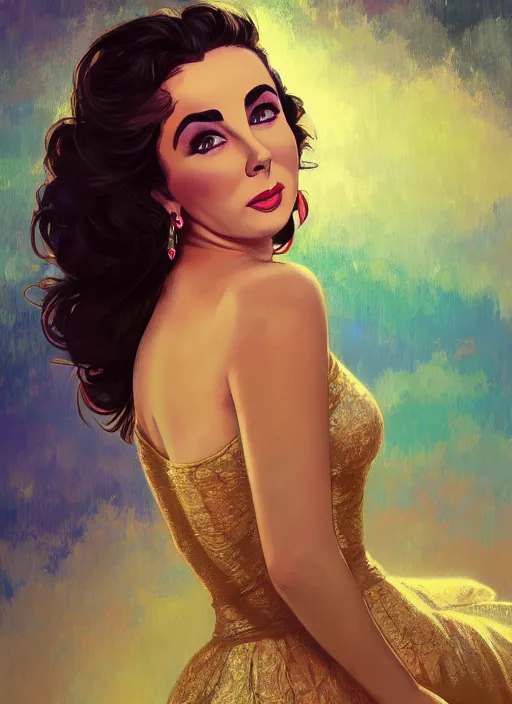 Image similar to elizabeth taylor full body pose, detailed clothing, half body shot, arms down, path traced, highly detailed, high quality, digital painting, alena aenami,, lilia alvarado, shinji aramaki, karol bak, alphonse mucha, tom bagshaw on a black background