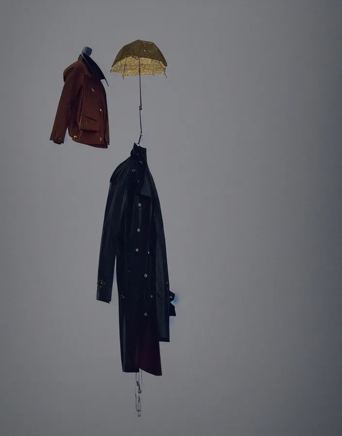 Image similar to close - up portrait of an empty slick fashionable zara raincoat floating suspended mid - air on a glittering rainy display designed by james terrell, wes anderson, symmetry, rule of thirds