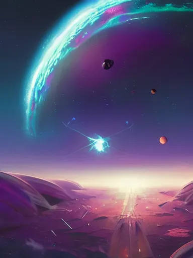 Prompt: concept art of an alien outer space galaxy, open expanse, stars, meteorites, floating debris, beautiful, fantasy, colorful, cinematic lighting, artstation, trending, highly detailed, focus, smooth, by studio ghibli, rossdraws, hirohiko araki, conrad roset, yoshitaka amano