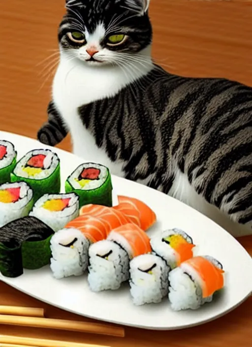 Image similar to clear photorealistic picture of adorable cats made out of sushi