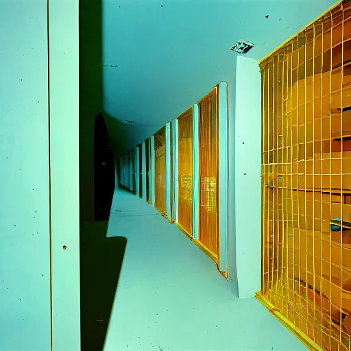 Image similar to noisy color photograph of a retrofuturist liminal space, laboratory, prison, minimalist, cinematic