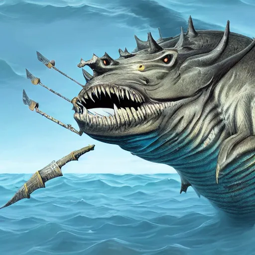 Prompt: hyper realistic sea monster with harpoons sticking out of it's skin