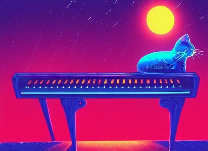 Image similar to cat [ playing a piano ], [ synthwave art style ]!!, trending on cgsociety, neon art style, [ bioluminescent colors ]!!, 4 k surrealism