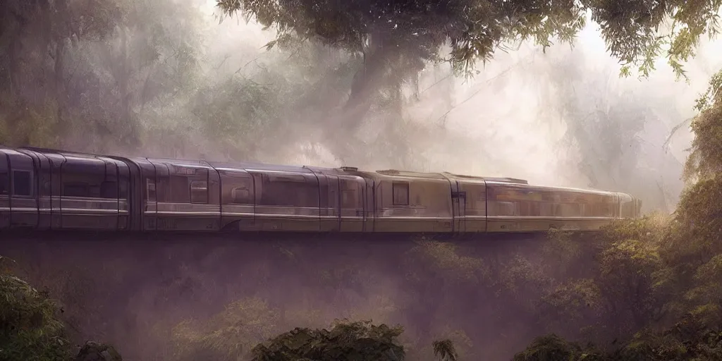 Image similar to futuristic train in the mist of the jungle, artstation, james gurney