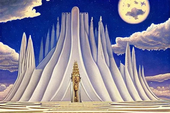 Prompt: the temple of truth is white, whole, holy and beautiful, but is surrounded by a crater of ruin and desolation. it's spire reaches up to the heavens and is topped with a gold statue. | painting by rob gonsalves. stark contrast. landscape painting. trending on artststion. matte painting. awe inspiring