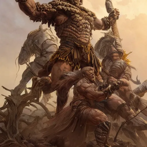 Image similar to muscular ogre - like fierce warrior with tree - bark skin wearing intricate stone and wood armor, towering above a group of soldiers, battlefield, highly detailed, digital painting, artstation, concept art, smooth, sharp focus, illustration, art by artgerm and greg rutkowski and alphonse mucha