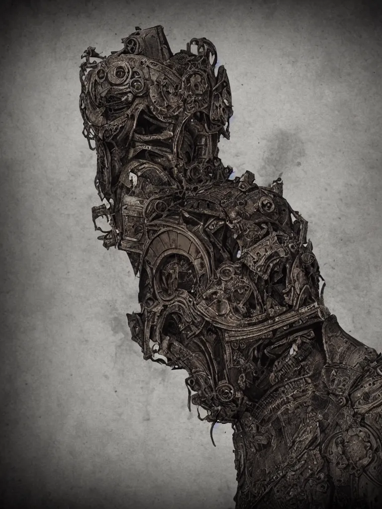 Image similar to extra wide view. an ominous dark ancient mask. barron. worn out photography. sepia. cracks. hyper - detailed. gothic steampunk. low poly medieval baroque. symmetric. epic. hyper - realistic. unreal render.
